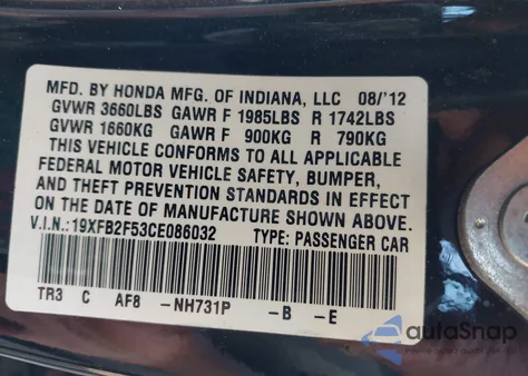 2012 Honda Civic Lx from USA, damaged, VIN 19XFB2F53CE086032